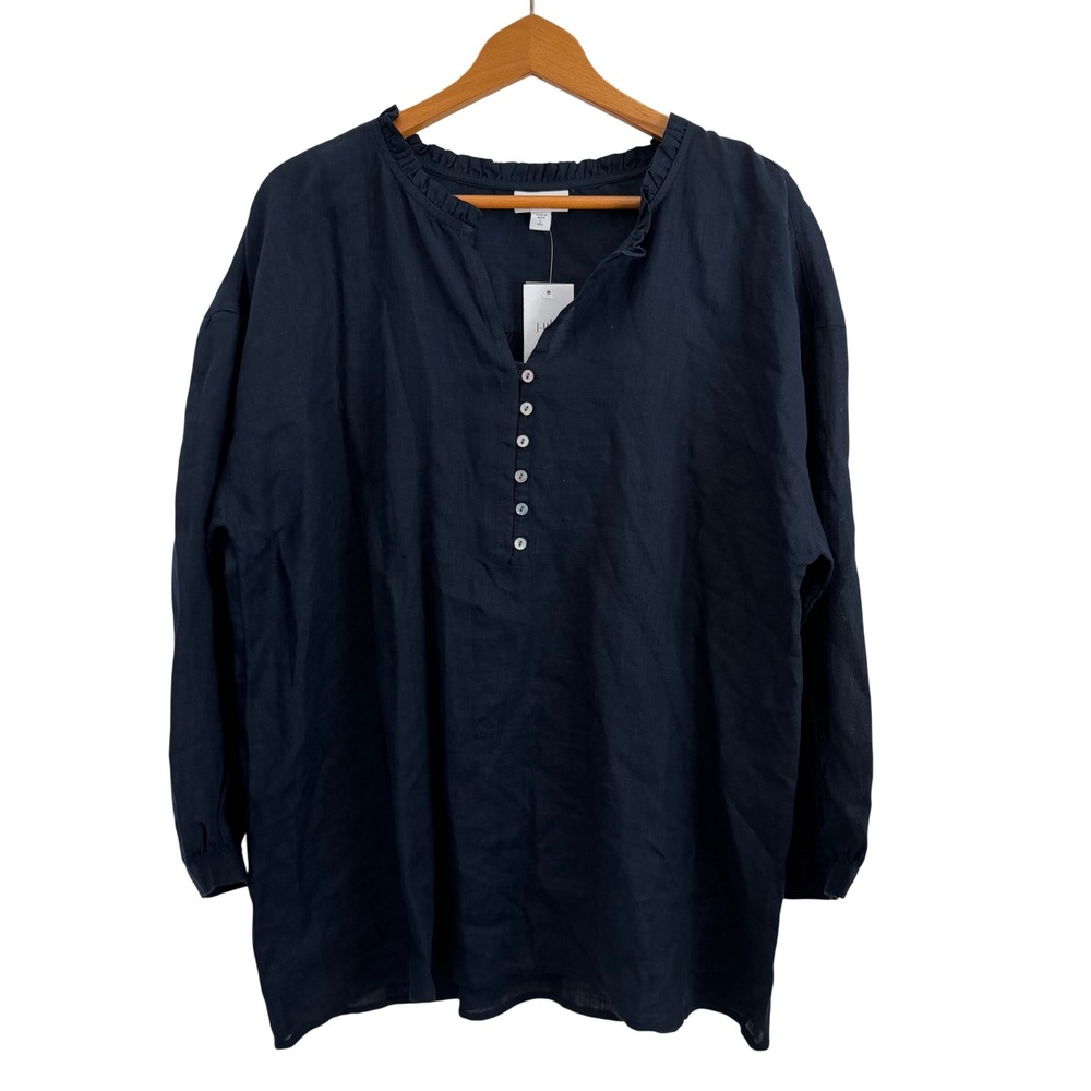 NWT J. Jill Love Linen Navy Blue Tunic Top Ruffle Neck Button Front Tall Large